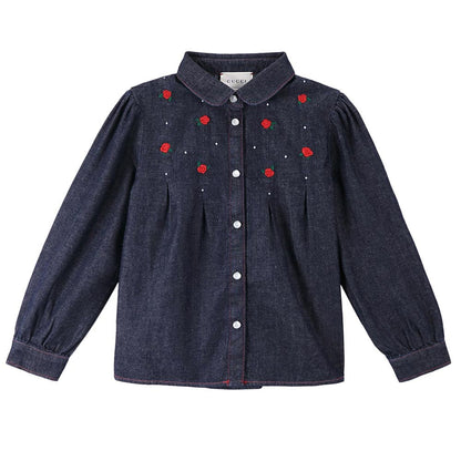 Baby Girls Blue Denim Shirt With Red Embroidered Flower Trims