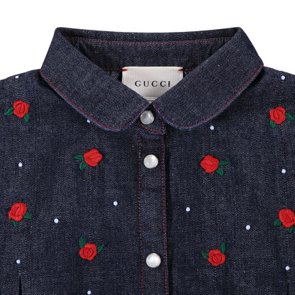 Baby Girls Blue Denim Shirt With Red Embroidered Flower Trims