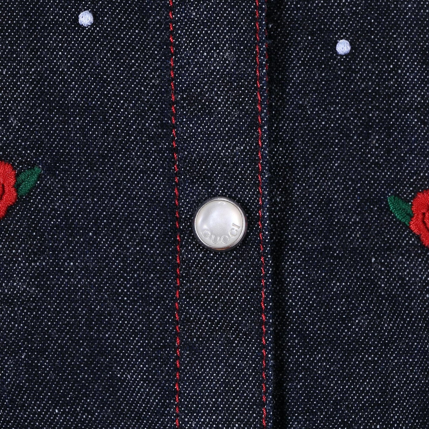 Baby Girls Blue Denim Shirt With Red Embroidered Flower Trims