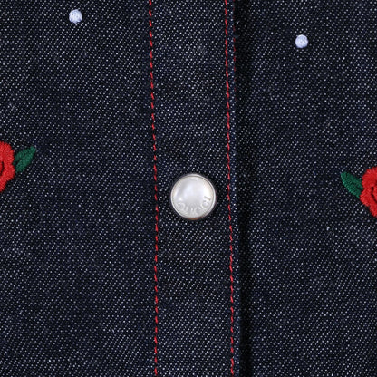 Baby Girls Blue Denim Shirt With Red Embroidered Flower Trims