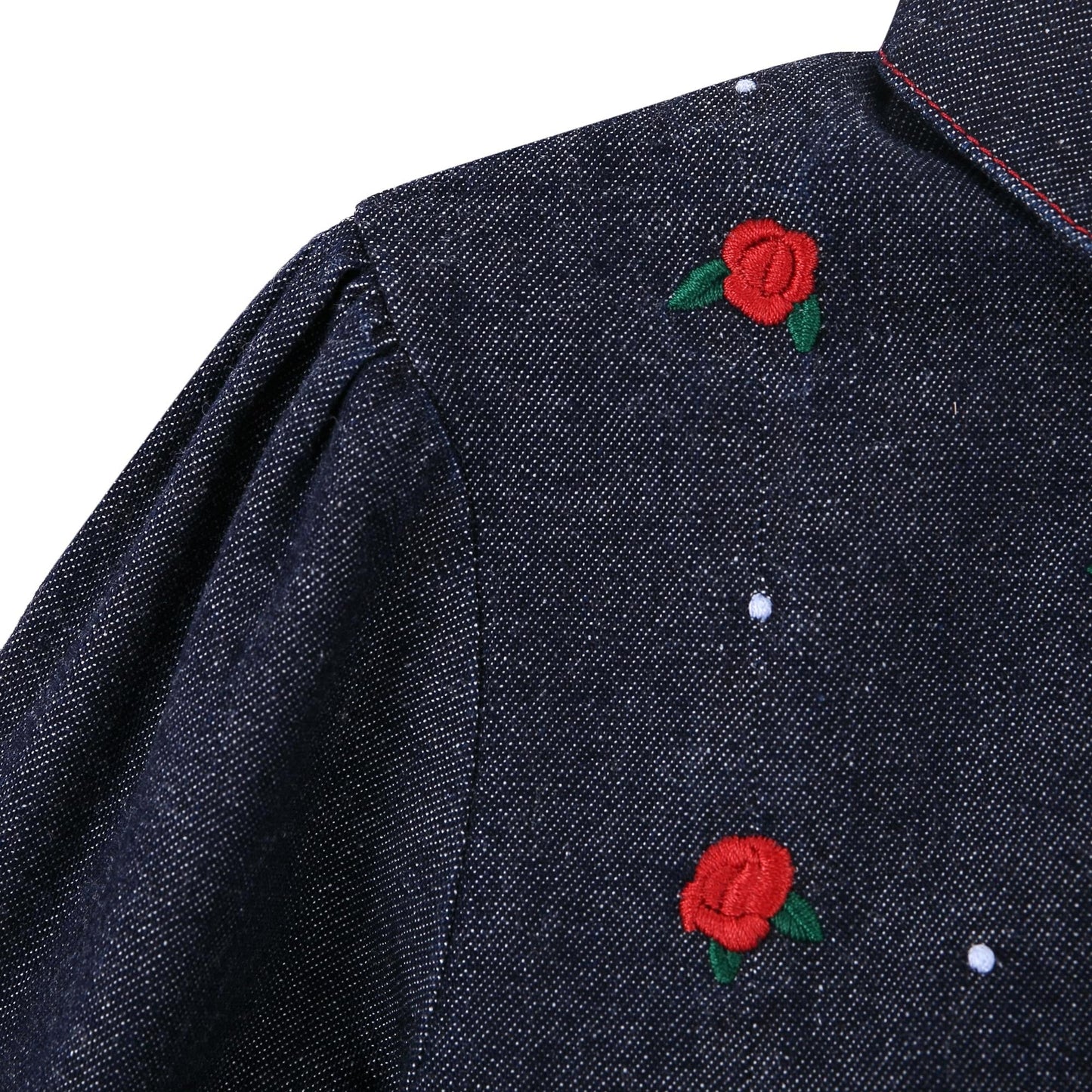 Baby Girls Blue Denim Shirt With Red Embroidered Flower Trims