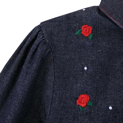Baby Girls Blue Denim Shirt With Red Embroidered Flower Trims