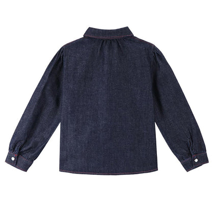 Baby Girls Blue Denim Shirt With Red Embroidered Flower Trims
