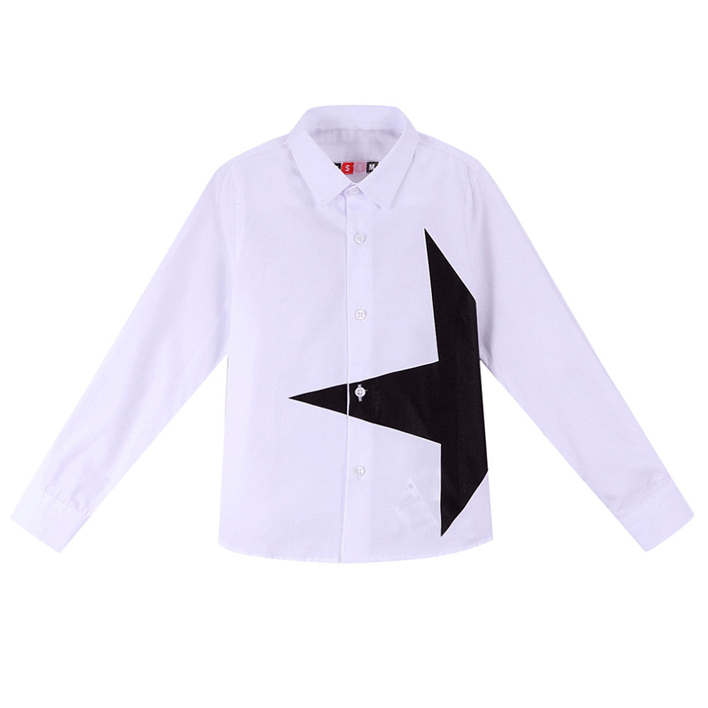 Boys White Cotton Shirt With Black Star Trims