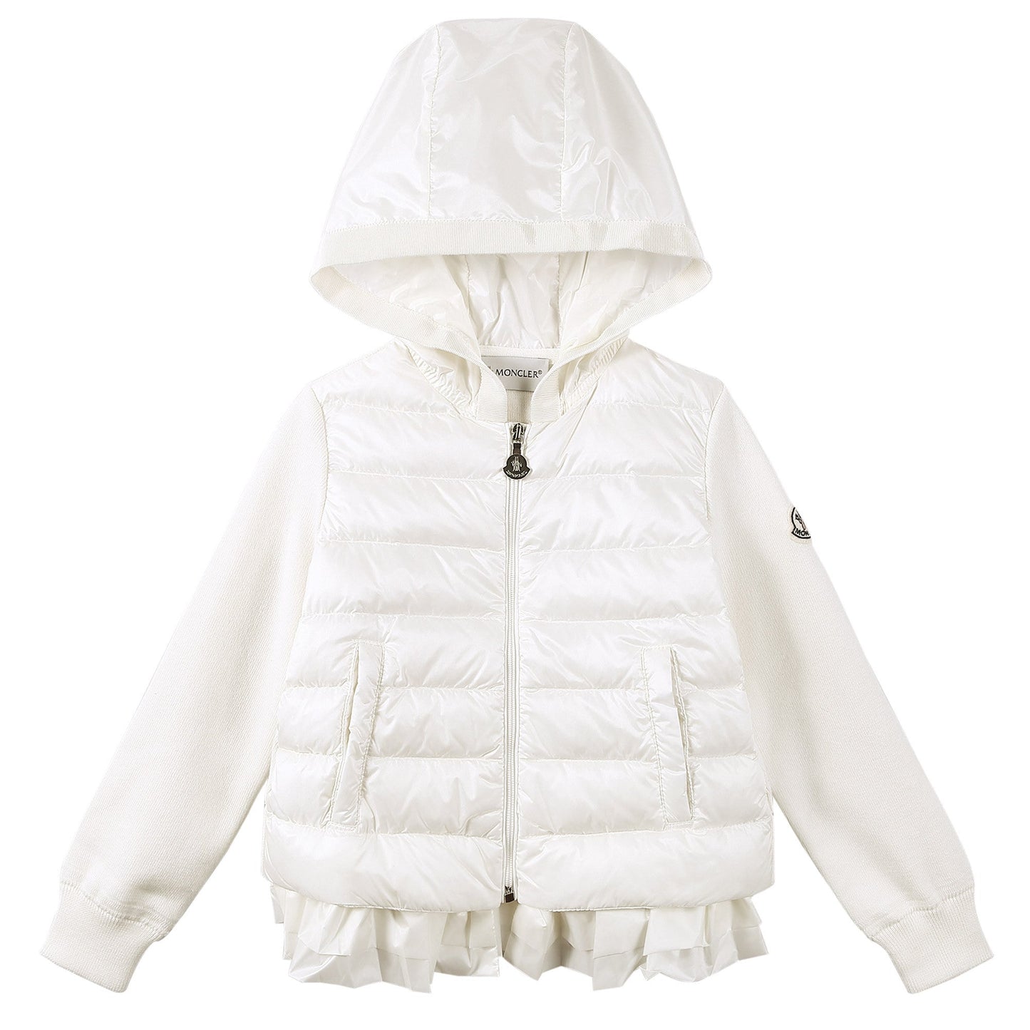 Girls White Down Padded Hooded Jackets With Ruffled Hem