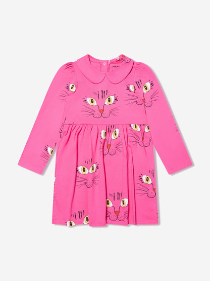 Mini Rodini 女童粉色猫脸长袖连衣裙