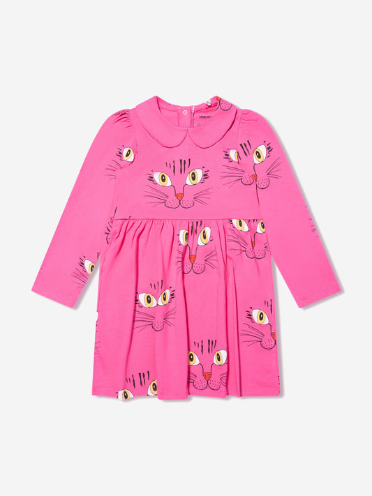 Mini Rodini 女童粉色猫脸长袖连衣裙