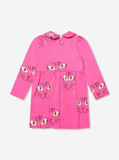 Mini Rodini 女童粉色猫脸长袖连衣裙