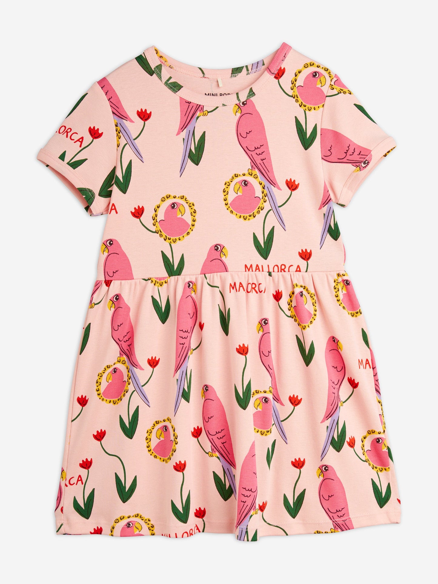 Mini Rodini 女童粉色鹦鹉印花连衣裙