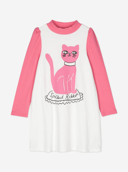 Mini Rodini 女童白色猫咪连衣裙
