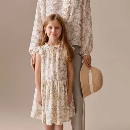 女童米白色印花真丝连衣裙