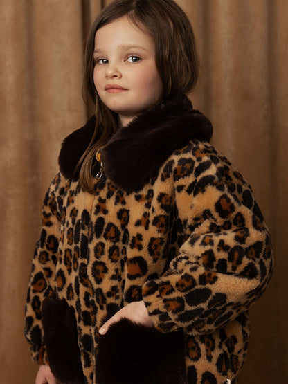 Girls Leopard Faux Fur Jacket in Brown