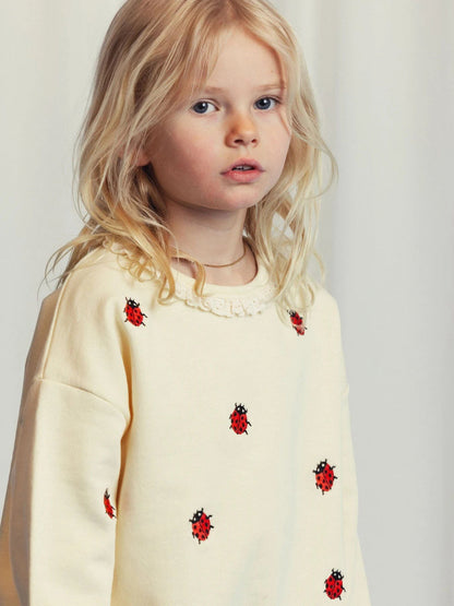Girls Ladybugs Embroidered Lace Sweatshirt in Ivory