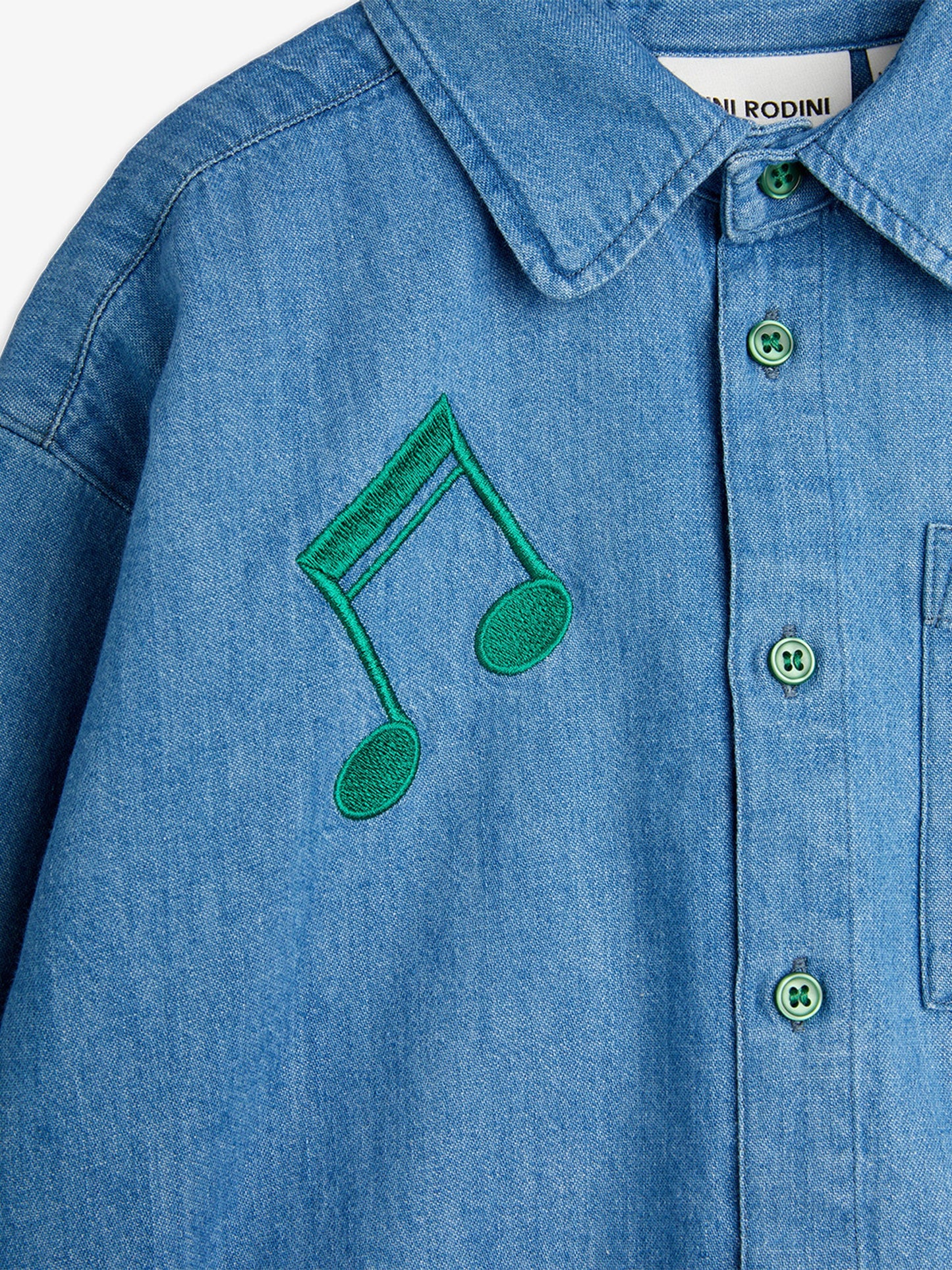 Kids Note Embroiderd Lightweight Denim Shirt in Blue