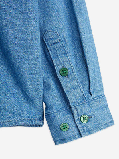 Kids Note Embroiderd Lightweight Denim Shirt in Blue