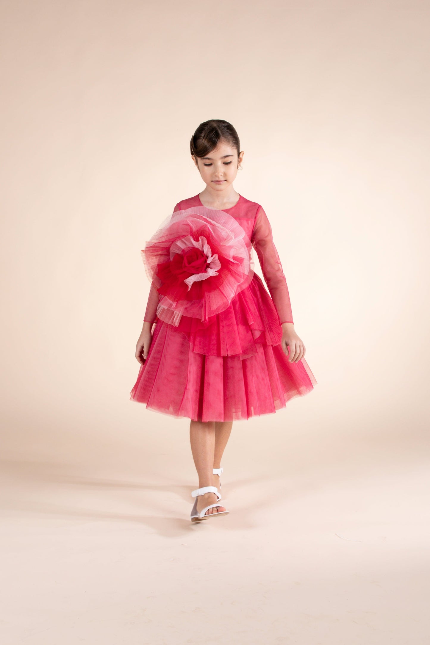 Marchesa 女童粉色 Volant 薄纱礼服