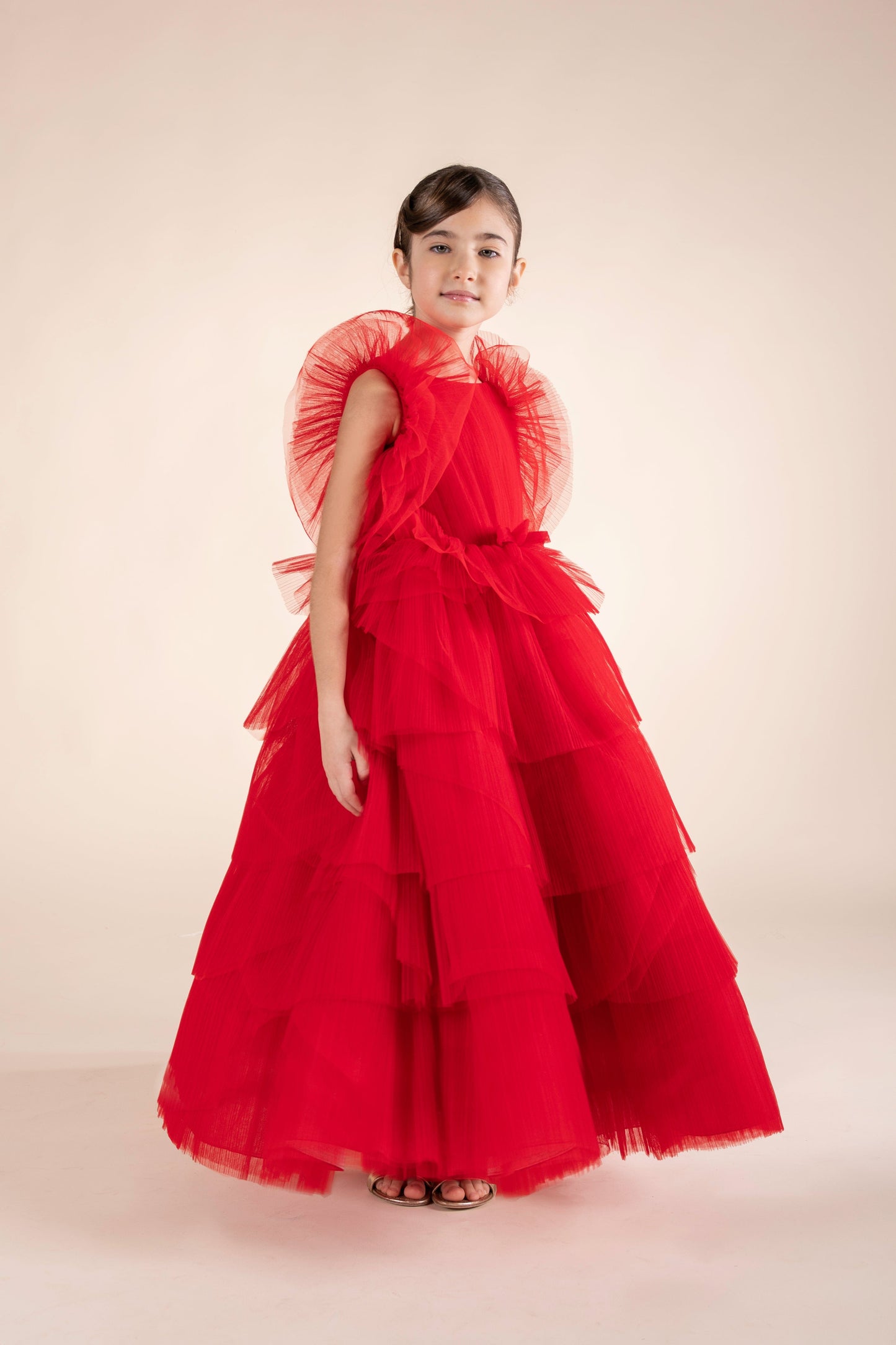Marchesa 女童褶皱薄纱荷叶边礼服（红色）