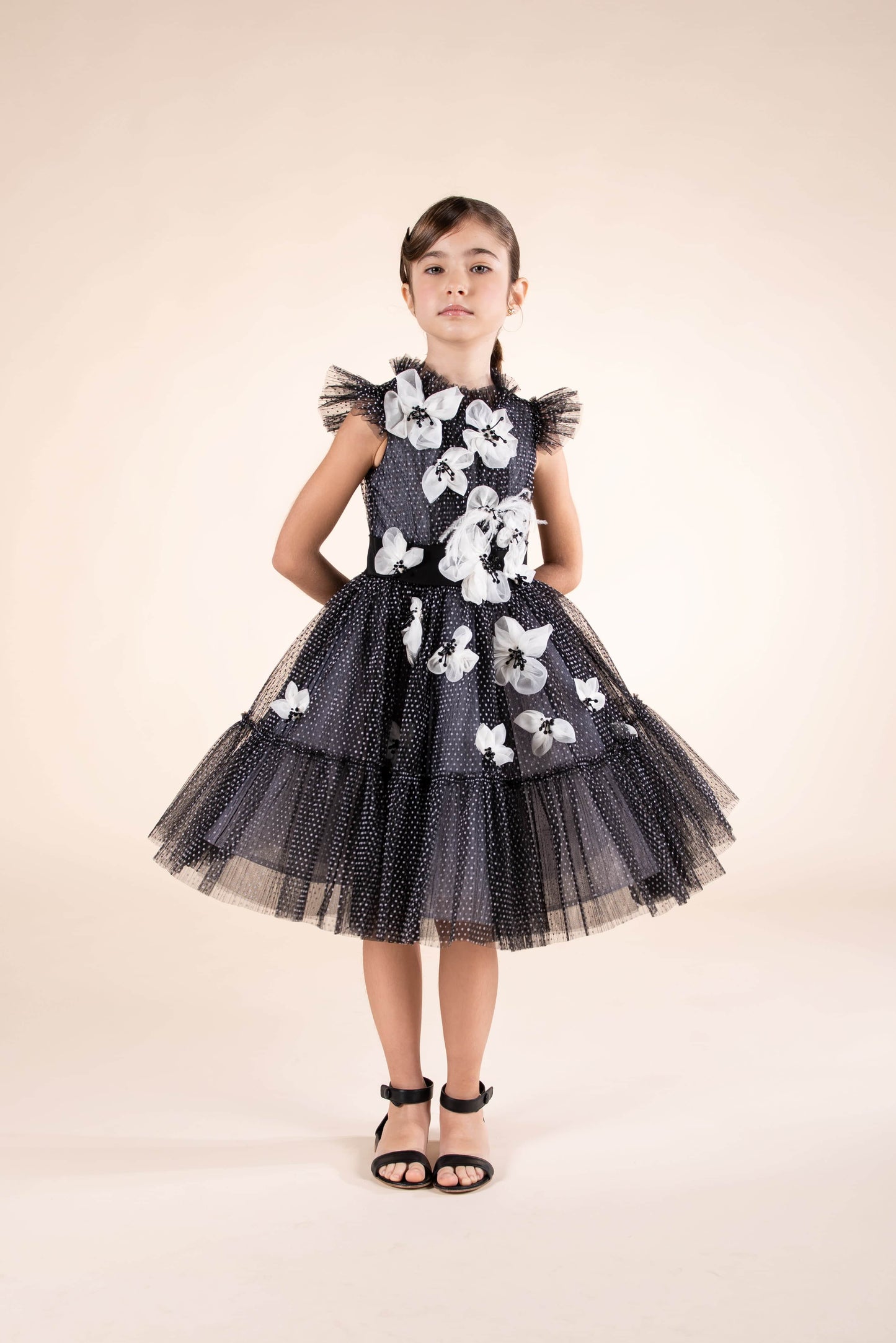 Marchesa 女童花朵缀饰薄纱礼服（黑色）