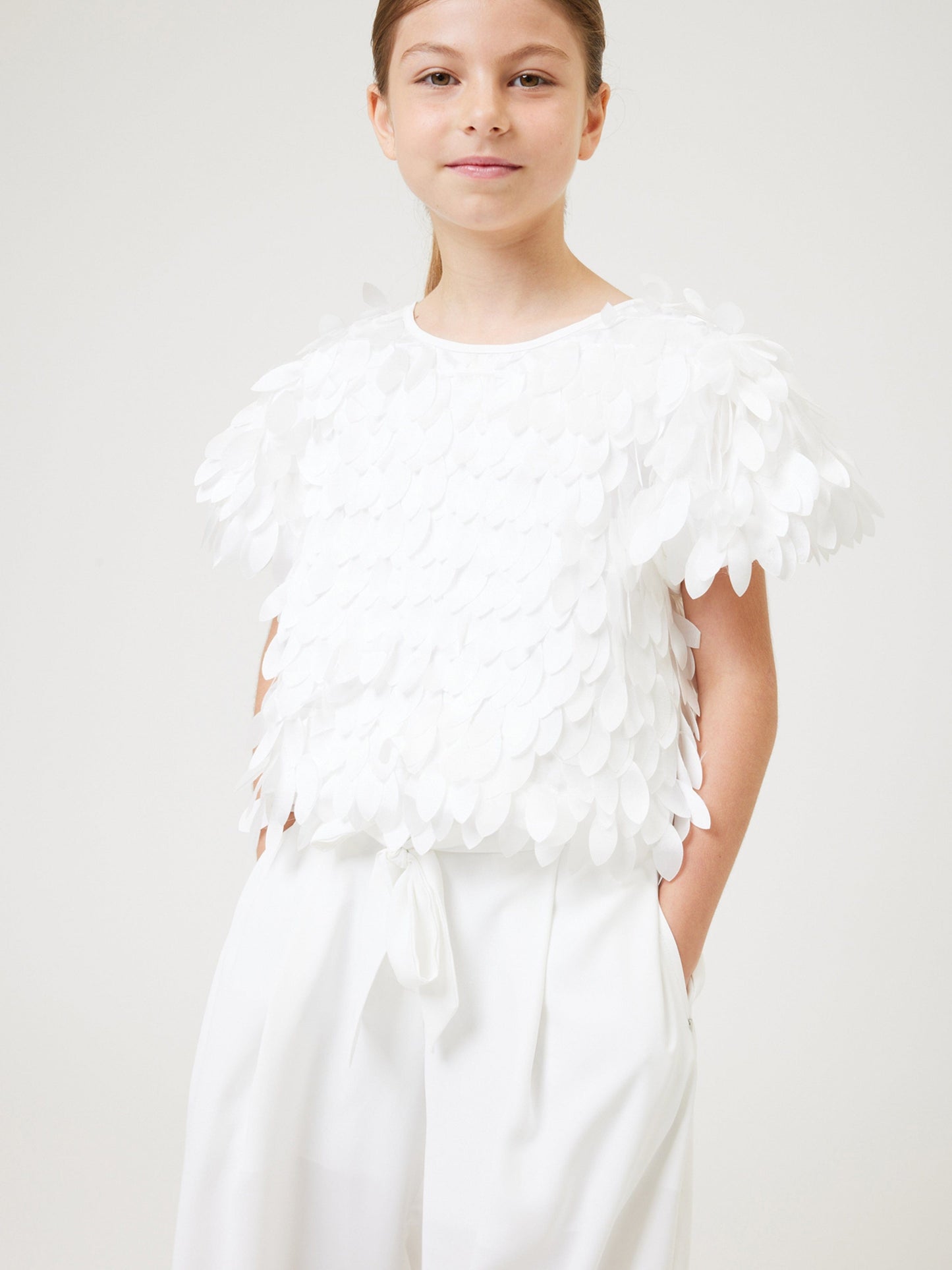 Monnalisa 女童象牙色缎面树叶上衣