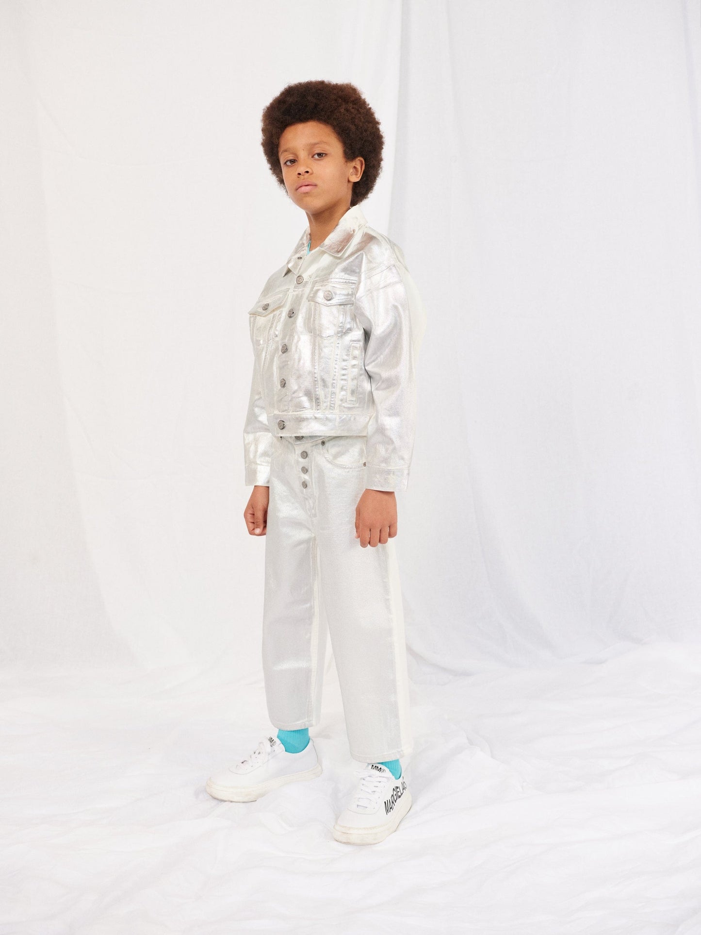 MM6 Maison Margiela 儿童银色金属效果牛仔裤
