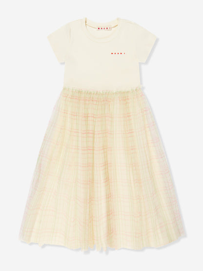 Girls Tulle Check Dress in Ivory