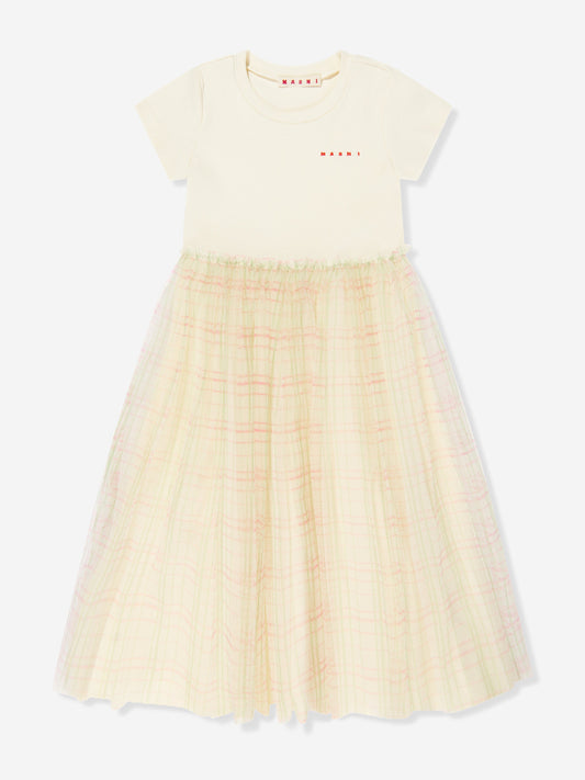 Girls Tulle Check Dress in Ivory