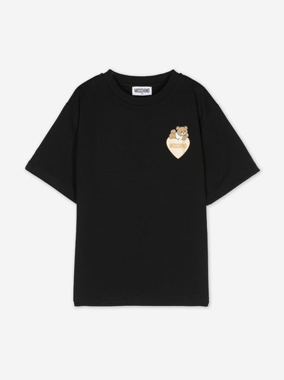 Moschino 女童熊心徽标 T 恤（黑色）