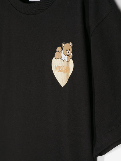 Moschino 女童熊心徽标 T 恤（黑色）