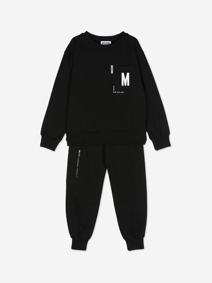 儿童黑色徽标口袋运动服