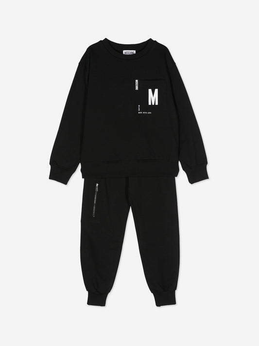 儿童黑色徽标口袋运动服
