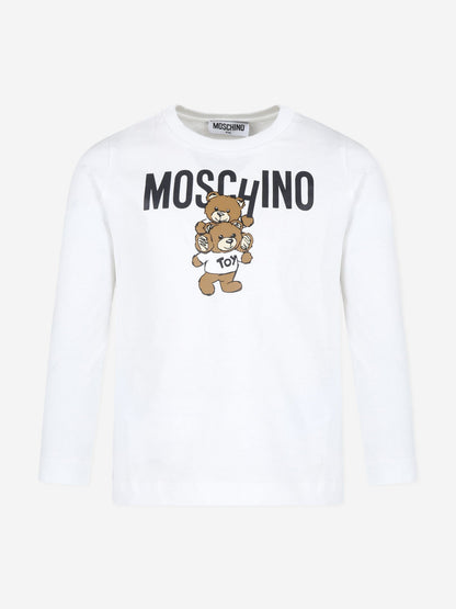 Moschino Kids 白色长袖徽标 T 恤