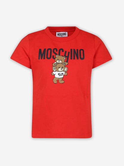 Moschino Kids 红色泰迪熊徽标 T 恤