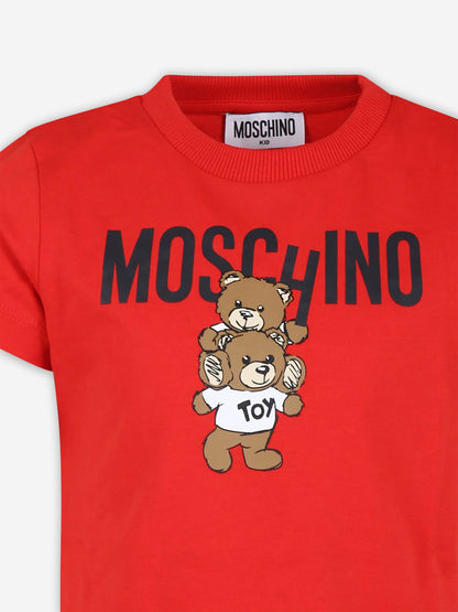Moschino Kids 红色泰迪熊徽标 T 恤