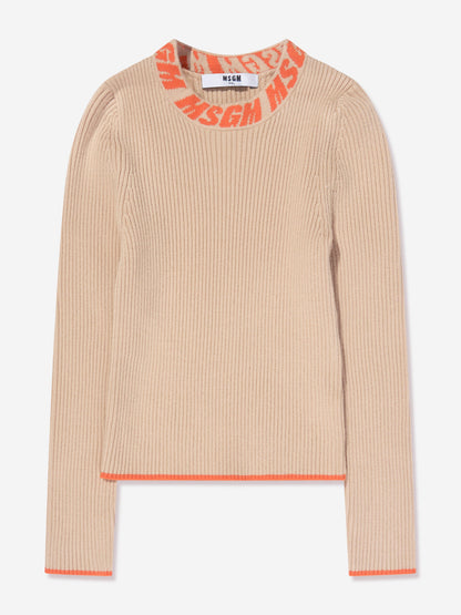MSGM 女童米色罗纹针织高领毛衣
