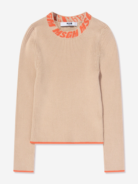 MSGM 女童米色罗纹针织高领毛衣
