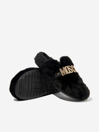 Moschino 女童黑色人造毛皮徽标拖鞋