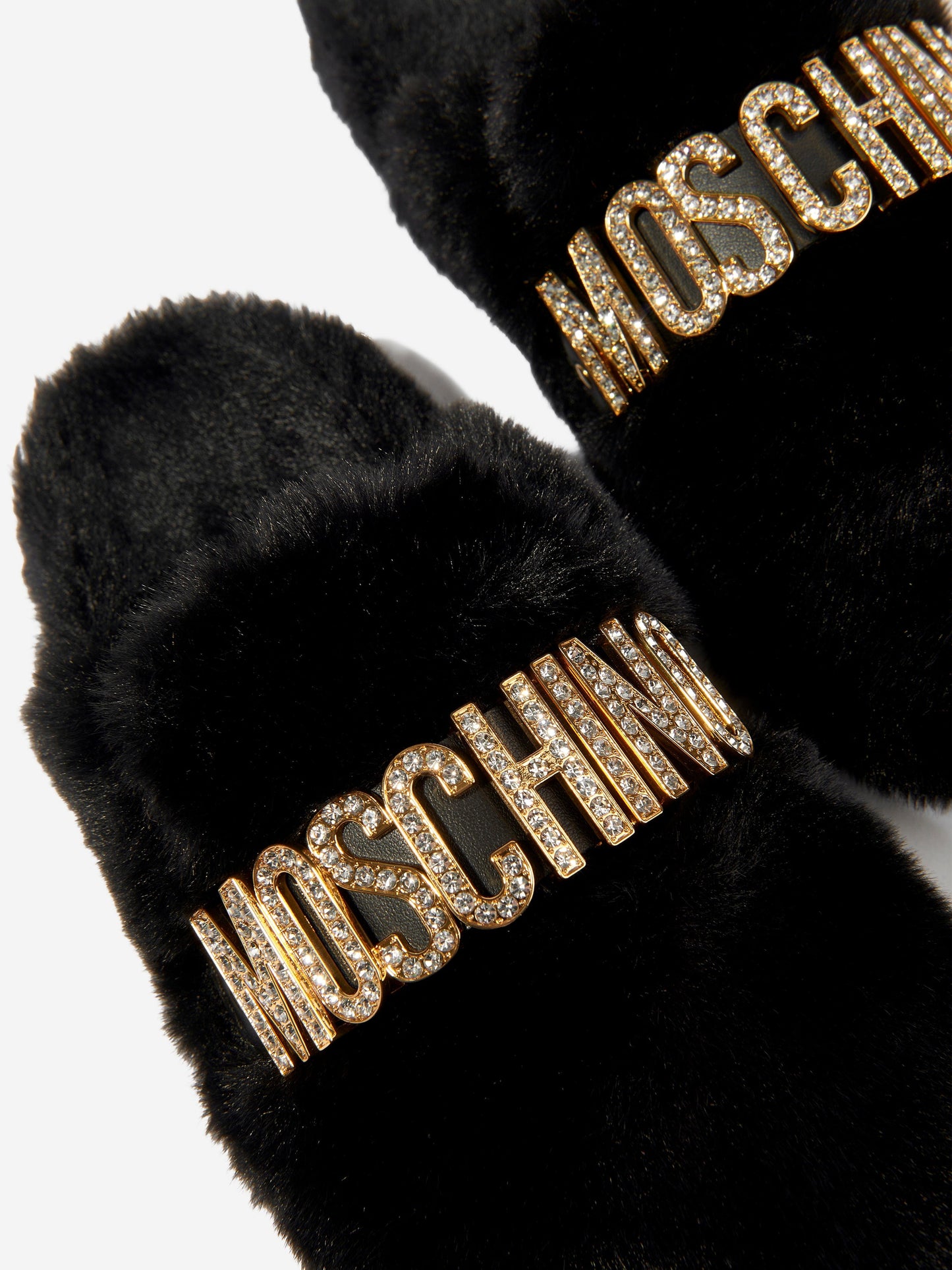 Moschino 女童黑色人造毛皮徽标拖鞋