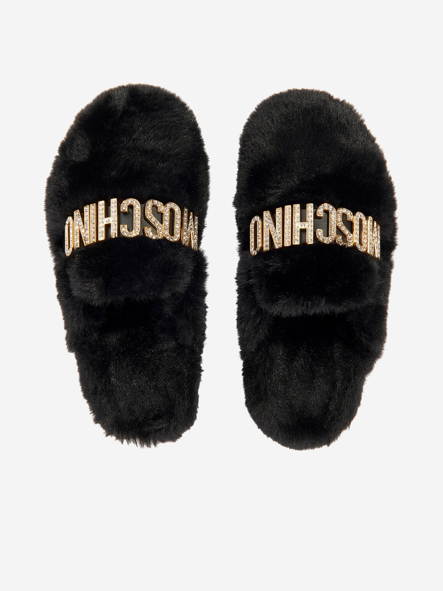 Moschino 女童黑色人造毛皮徽标拖鞋