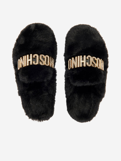 Moschino 女童黑色人造毛皮徽标拖鞋
