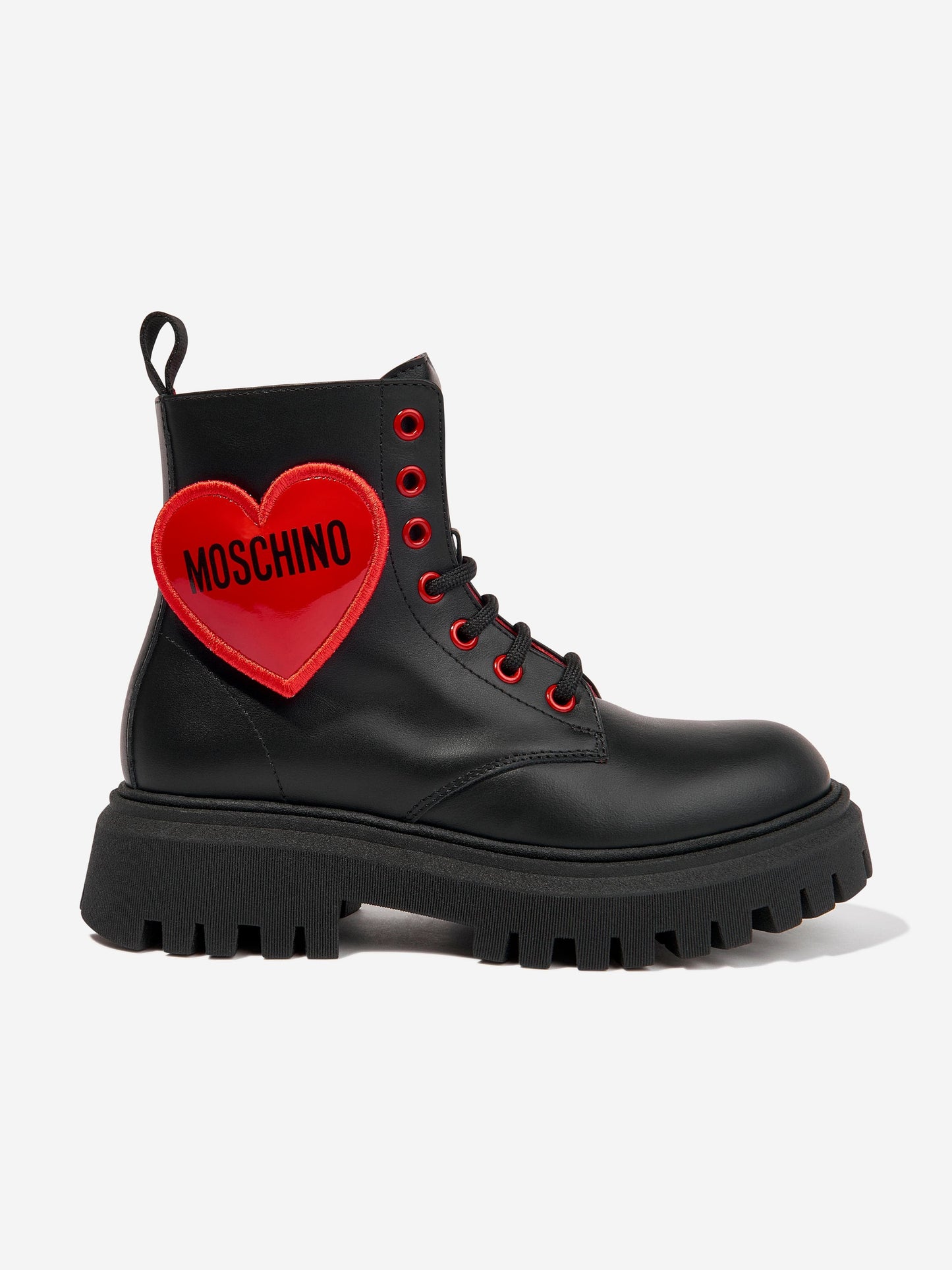Moschino 女童系带心形皮革靴（黑色）