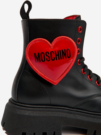 Moschino 女童系带心形皮革靴（黑色）