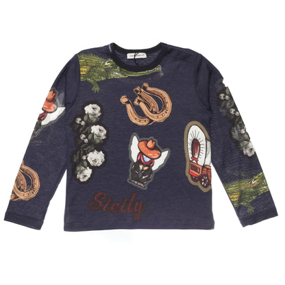Baby Boys Navy Blue Sicilian Western Printed Cotton T-Shirt
