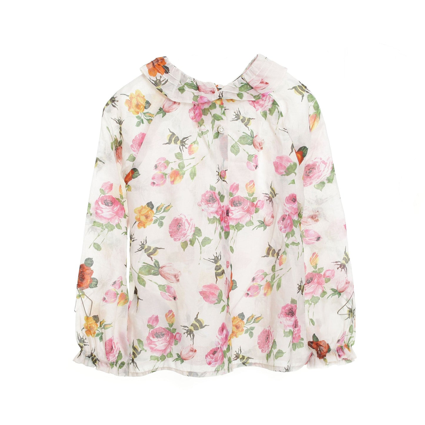 Baby Girls Ivory Ruffled Collar Blouse With Flower Print Trims