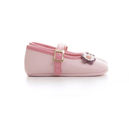 Baby Girls Pink Leather Pre-Walker Shoes With Patch Flowers Trims