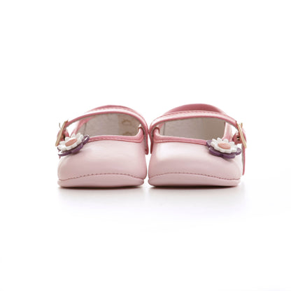 Baby Girls Pink Leather Pre-Walker Shoes With Patch Flowers Trims