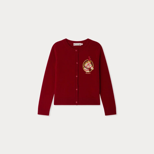 女童红色骏马刺绣羊绒开衫