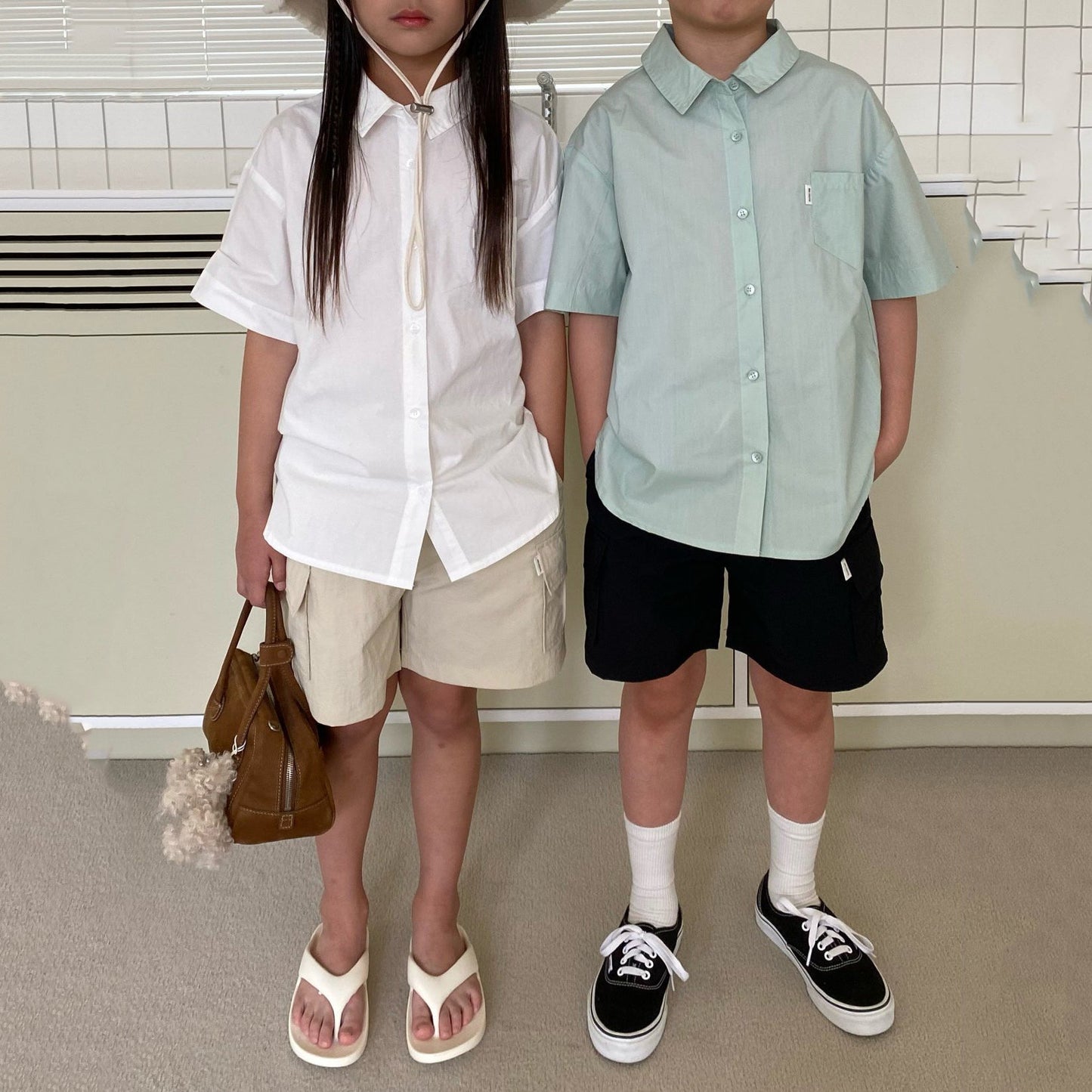 儿童薄荷绿棉衬衫