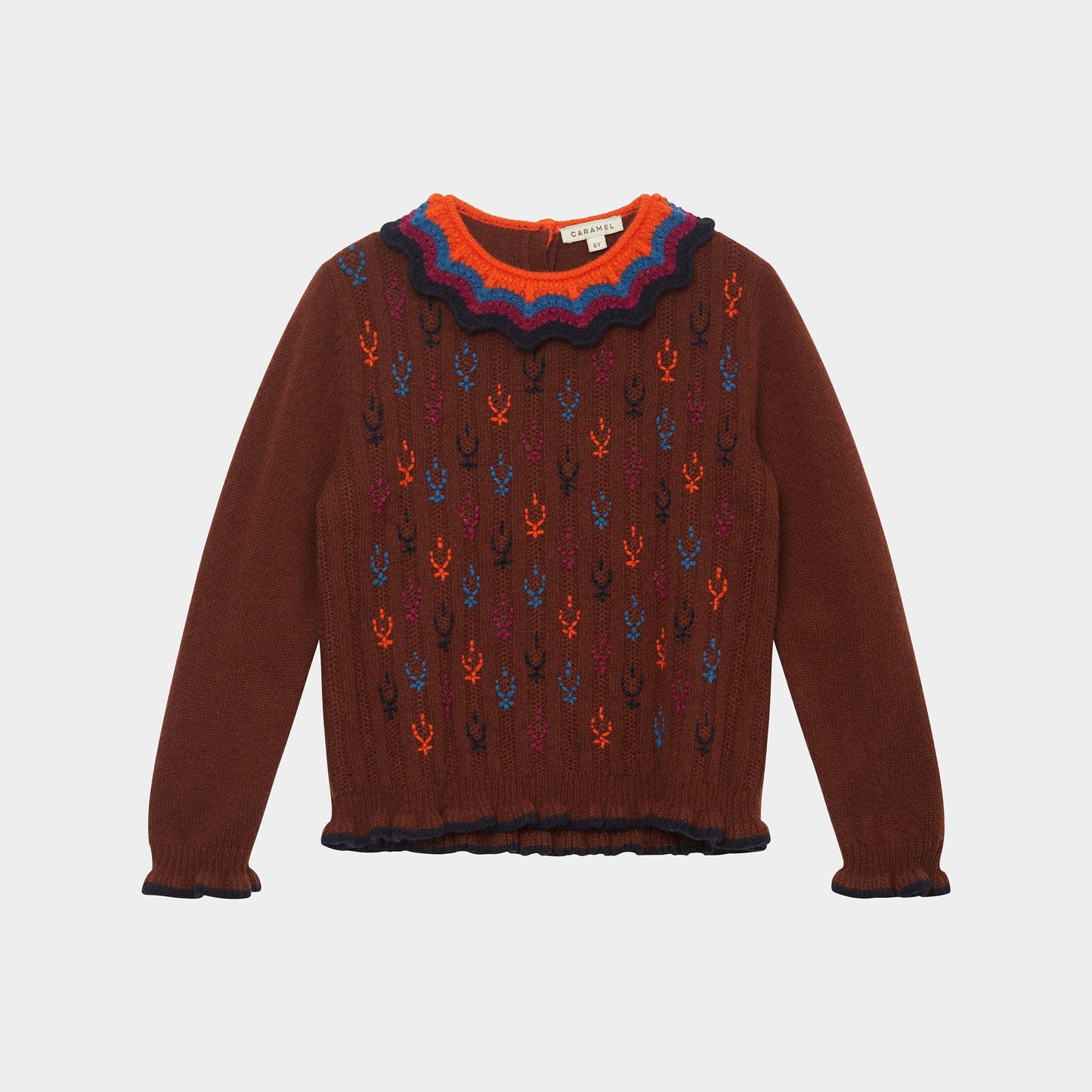 女童深红色刺绣羊毛毛衣