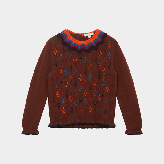 女童深红色刺绣羊毛毛衣
