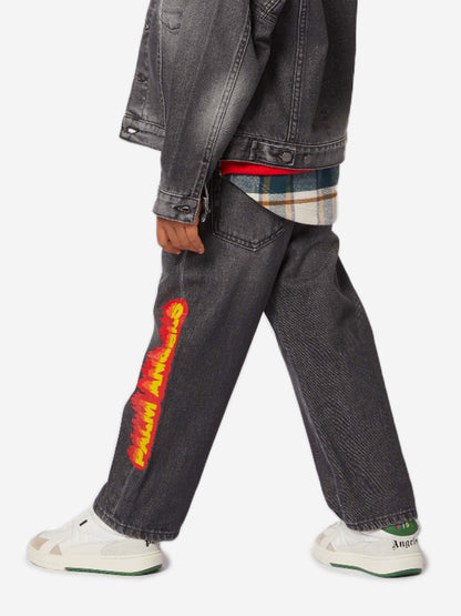 Palm Angels 男童黑色 Flames Logo 牛仔裤